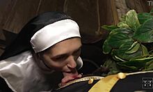 Natural-titted nun pleases her muscular priest with a sensual blowjob